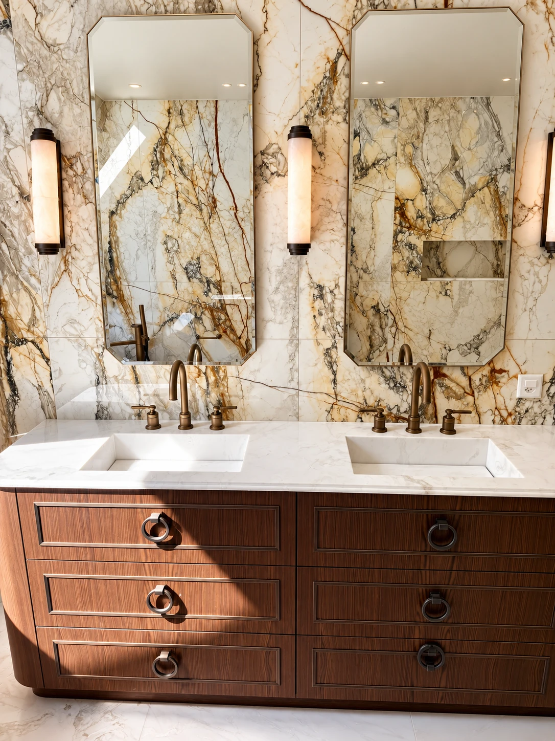 Meuble double vasque avec robinetterie bronze et murs en marbre